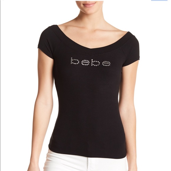 Bebe Tops Bebe Jade Rib Logo Tee Black Rhinestone Large Poshmark